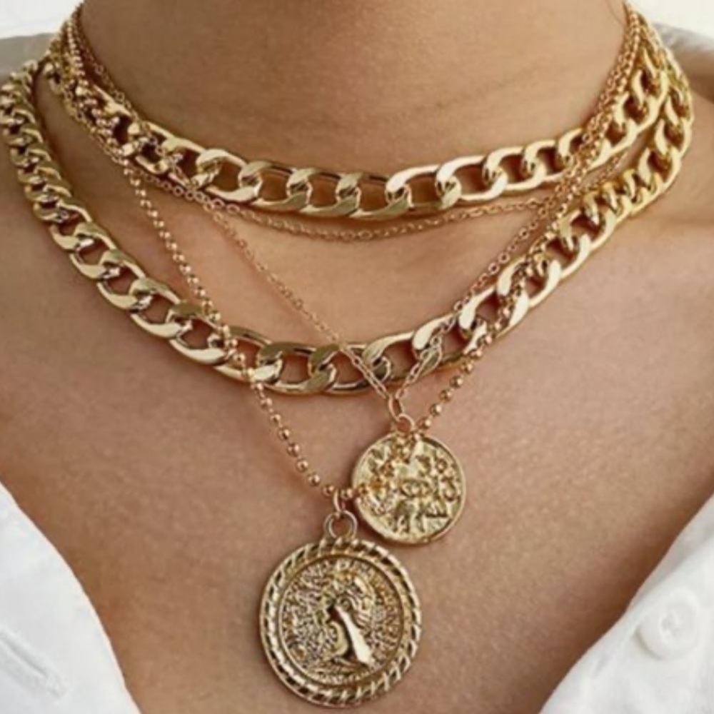 Free People Multi-layer layered Gold cuban Thick Chain Portrait Coin Necklace - Picture 4 of 6